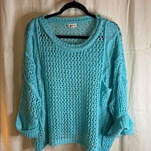 POL Aqua Blue Open-Knit Scoop Neck Sweater